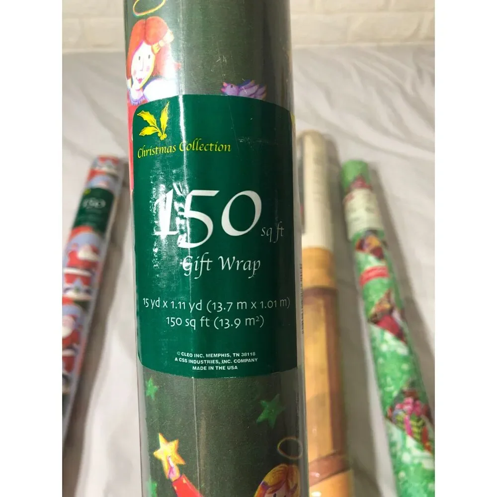 Lot 4 Vtg Cleo Christmas Wrapping Paper 150 SqFt Jumbo Gift Wrap Door Decoration